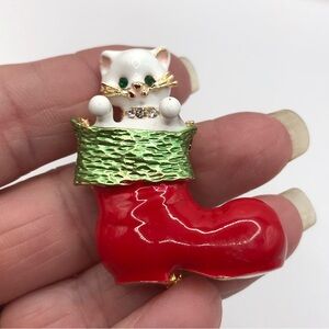 White Enamel Kitten in a Santa Boot Pendant Brooch